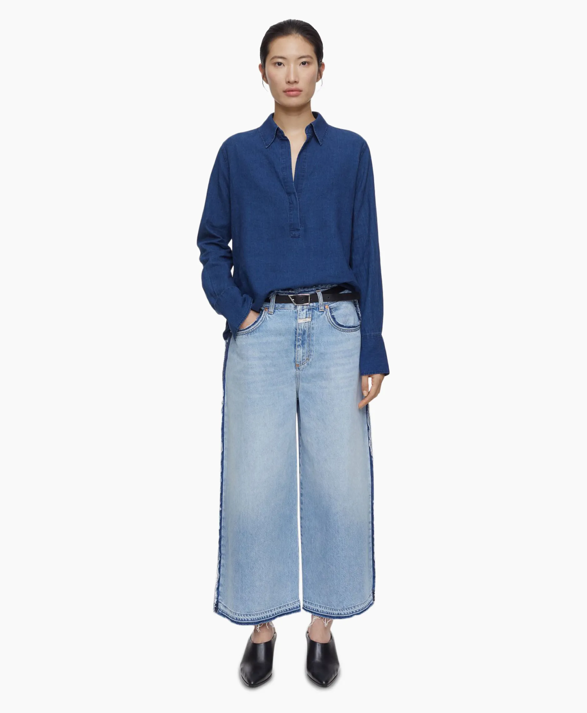 Dames Closed Blouses*Blouse Open Neck Blauw