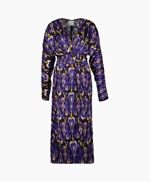Dames Forte_forte Jurken*Midi Jurk Print Satin Dress Norther Light Paars