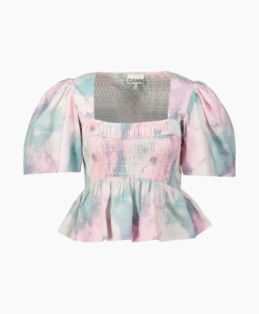 Dames Ganni Blouses*Blouse Printed Cotton Open-Neck Smock Rose