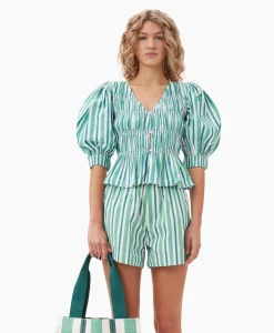 Dames Ganni Blouses*Blouse Stripe Cotton V-Neck Fitted Groen