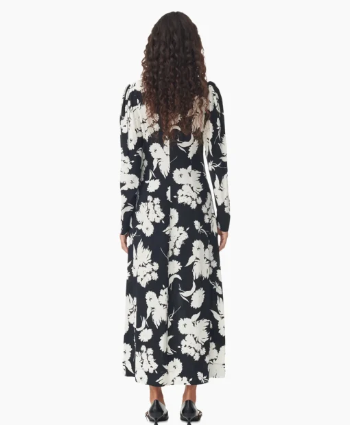 Dames Ganni Jurken*Maxi Jurk Printed Crepe V-Neck Zwart