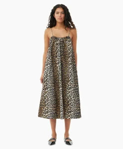 Dames Ganni Jurken*Midi Jurk Printed Cotton Strap Bruin