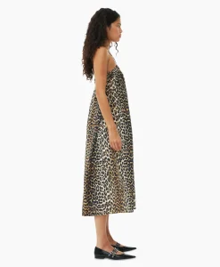 Dames Ganni Jurken*Midi Jurk Printed Cotton Strap Bruin