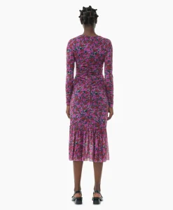 Dames Ganni Jurken*Midi Jurk Printed Mesh Long Sleeve Gathered Roze