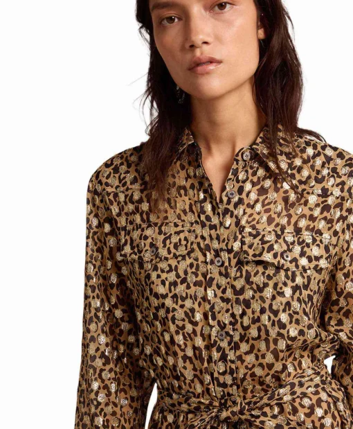 Dames Golden Goose Jurken*Midi Jurk Golden W's Chemisier Leopard Print Fil C Beige